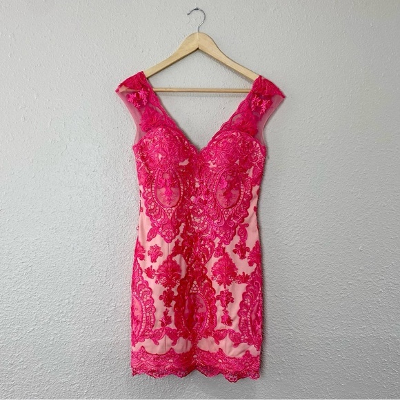 JVN by Jovani Bonny Dress Pink Crochet Lace Beige Sheer Cocktail Mini - Picture 2 of 13